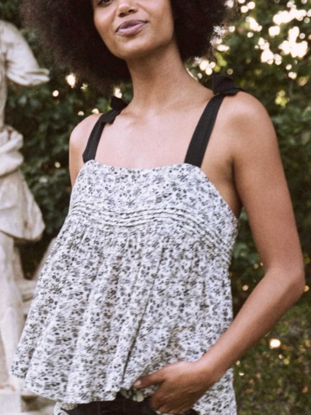 THE GREAT. Songbird Cami in White Meadow Floral bow back
